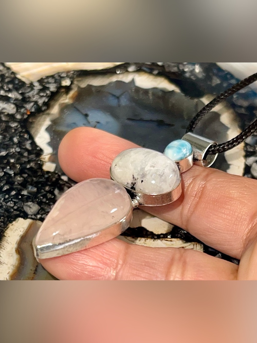 Petite Larimar, Rainbow Moonstone & Rose Quartz Crystal Pendant 2 1/2” - Picture 5 of 17